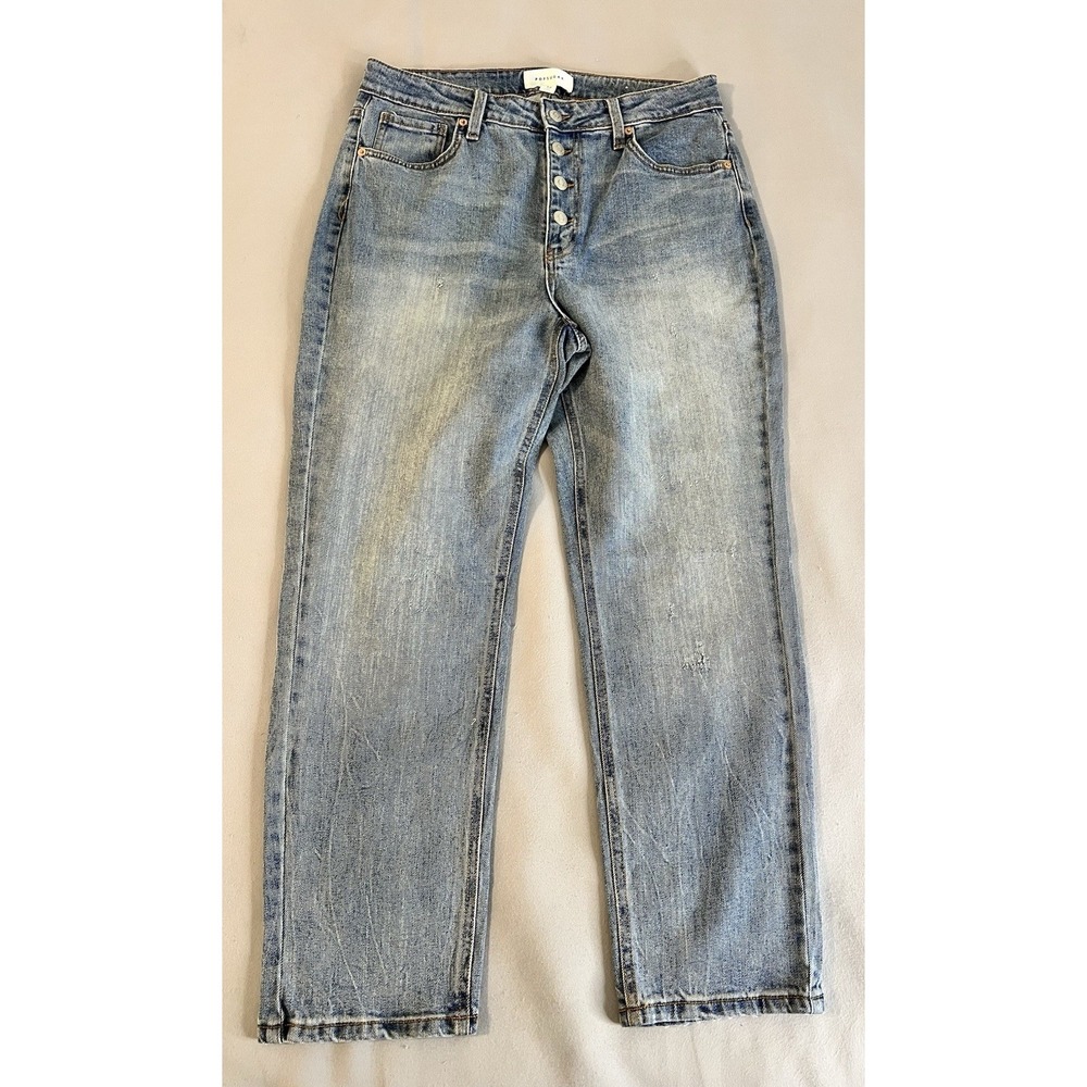 Popsugar Jeans Ladies Sz‎ 12 Button Fly Blue Jean Denim Distressed Hem RN 73277